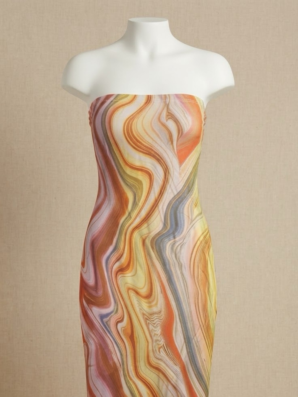 Black Bead Strapless Swirl Midi Dress in Orange, Yellow & Blue